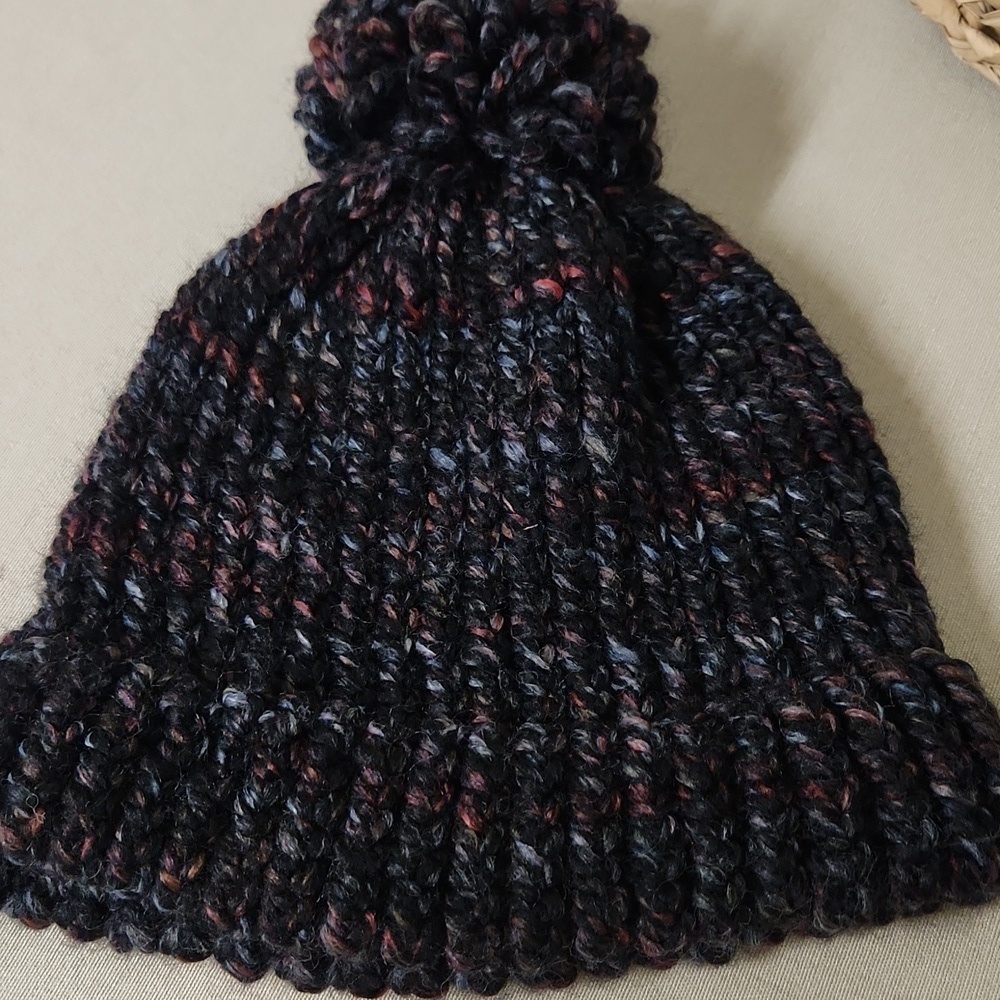 Chunky Knit Pom-Pom Beanie - Black/Multi Color Alpaca Yarn Handmade